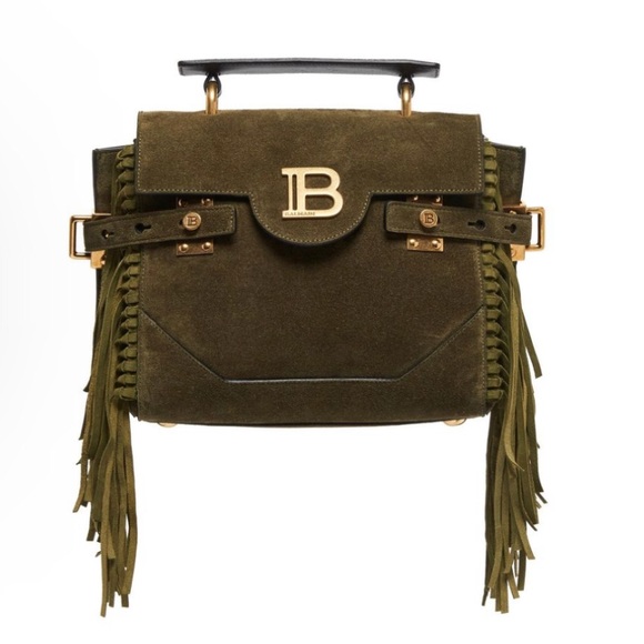 Balmain Handbags - BALMAIN B-Buzz 23 Fringe Suede Khaki Green Shoulder Bag $2350 Full Inclusion NWT